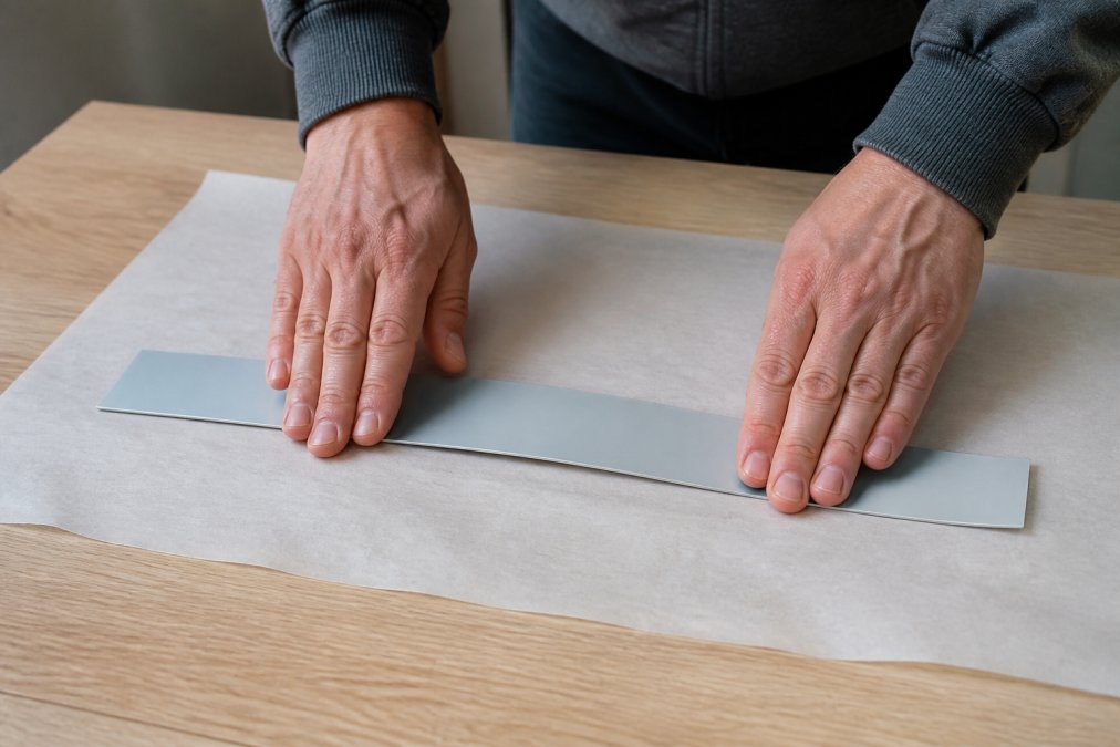 Hands using manual pressure to straighten bent venetian blind slats protected by greaseproof paper