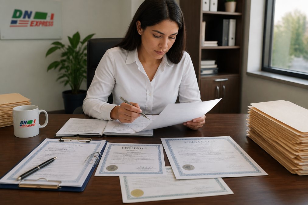 Professional reviewing vital records documents and birth certificate paperwork at a desk with organized files and certified copies visible