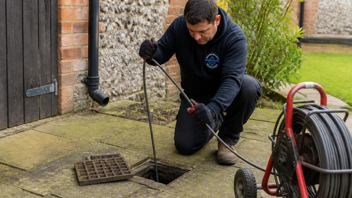Professional demonstrating proper drain rod technique at an outside drainage access point, showing correct angle and positioning with hands gripping the rods firmly