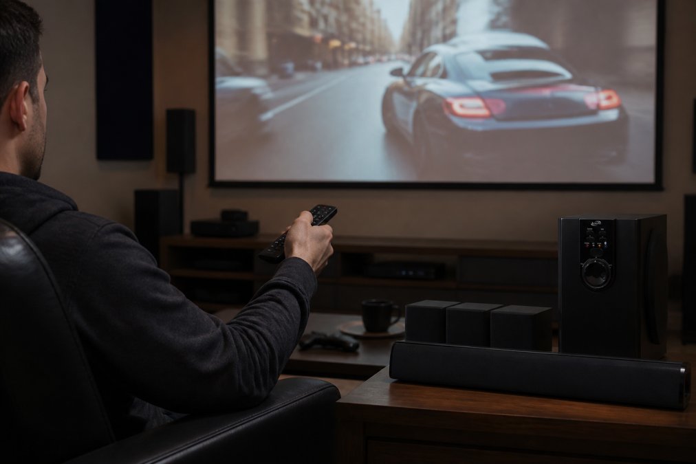 Person sitting in a dimly lit home theater room adjusting settings on a TV remote, with a projector screen glowing in the background and a Bluetooth speaker on a side table