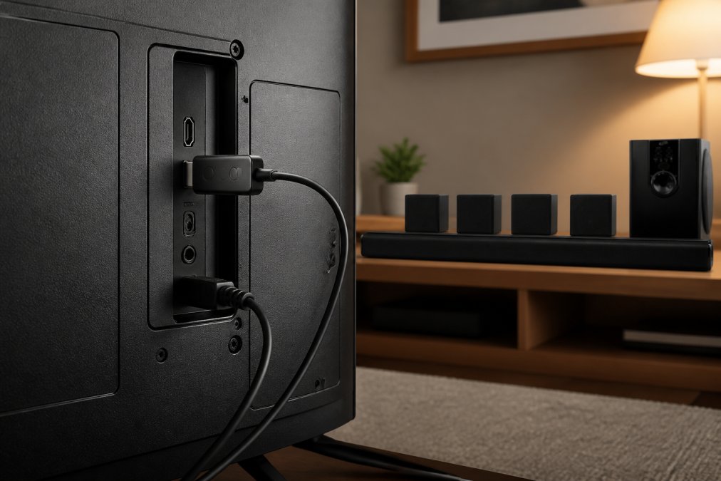 Close-up of a small Bluetooth audio transmitter plugged into the optical audio port on the back of a flat-screen TV, with speaker cables and a neatly organized home theater setup visible in the warm background lighting