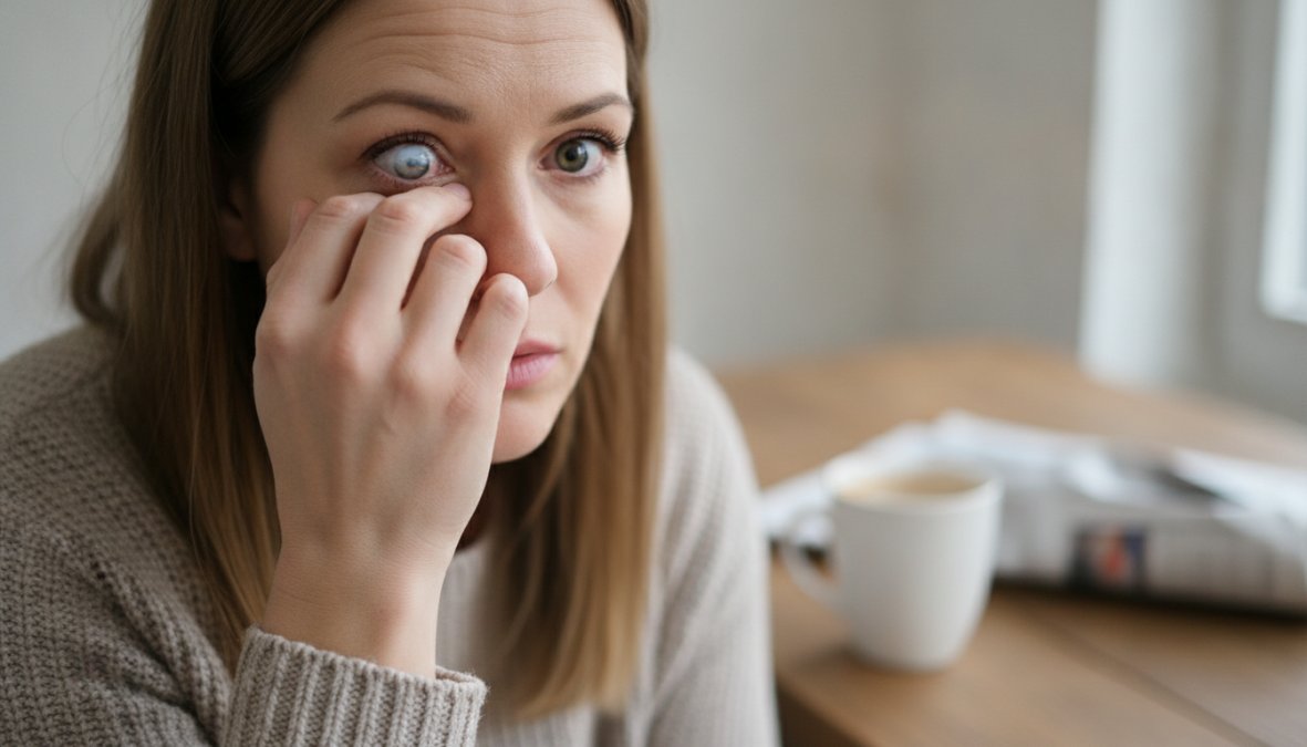 Close-up of a person holding one hand over one eye with a concerned expression, sitting in a softly lit living room, suggesting sudden vision disturbance