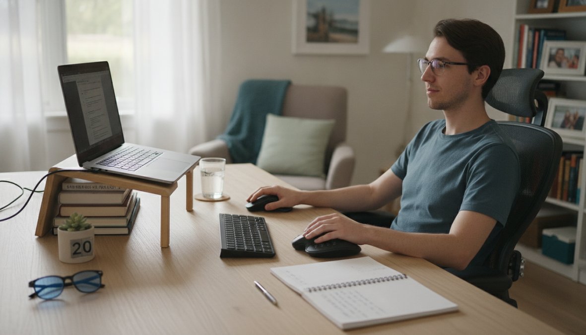 Person sitting at a well-organized home office desk with a laptop positioned at eye level, looking away from the screen toward a window in the distance, warm afternoon light, demonstrating healthy screen habits