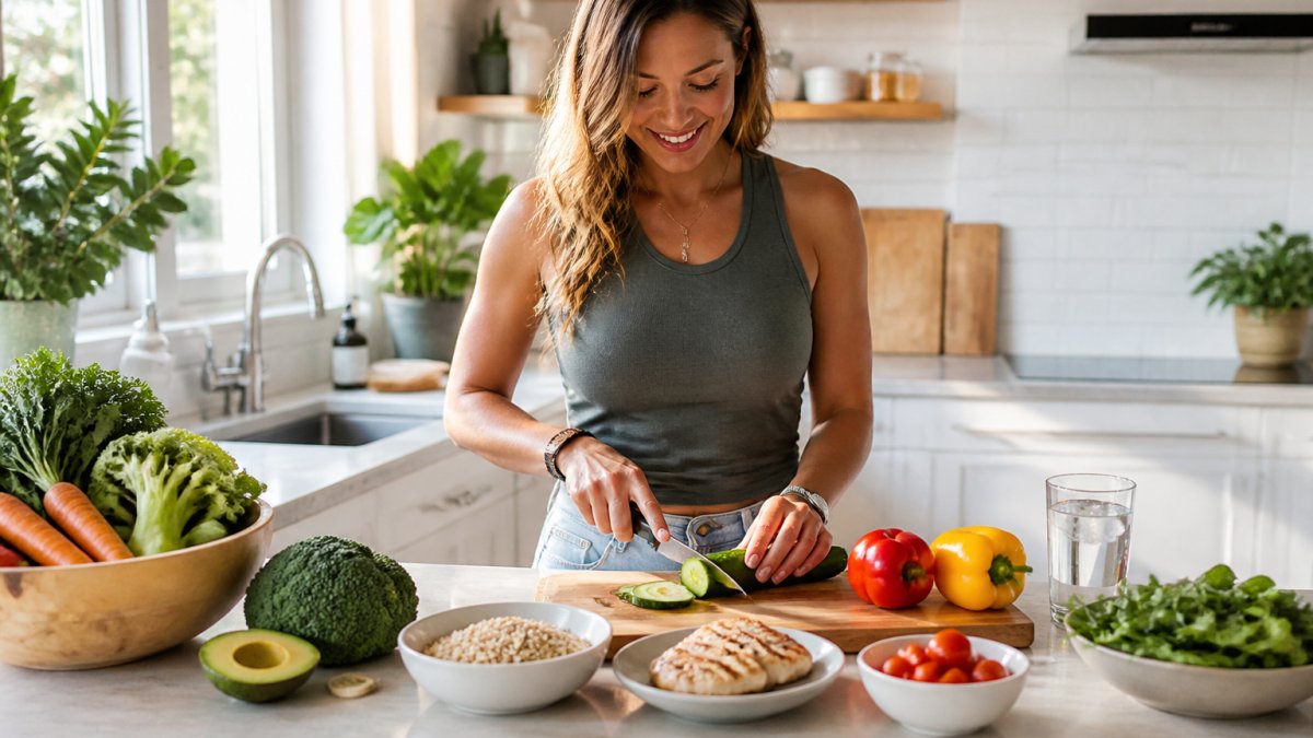 Person preparing a balanced meal with fresh vegetables, lean protein, and whole grains on a bright kitchen counter with natural sunlight