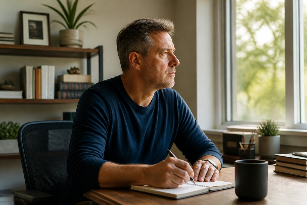 Middle-aged man in home office looking focused at computer screen with clear mental engagement, bright natural lighting from window