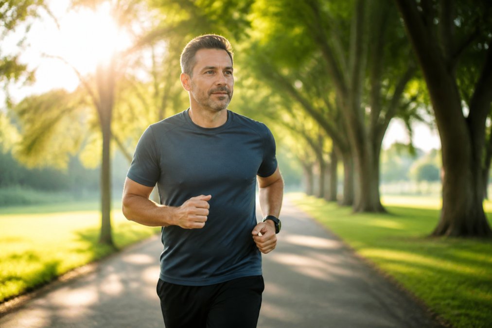 Middle-aged man jogging outdoors in morning sunlight through a tree-lined park path, athletic posture and engaged expression, fresh morning lighting