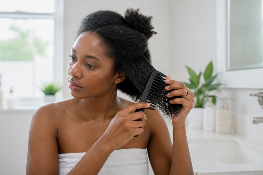 Person with natural coily hair gently detangling with a wide-tooth comb to help fix breakage in natural hair.