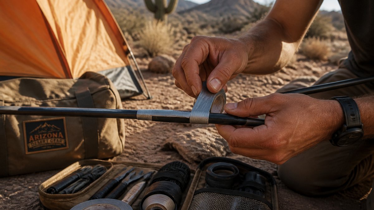 Close-up of a camper's hands wrapping tape around a splinted tent pole at a desert campsite, with a repair kit and tent fabric visible in the background