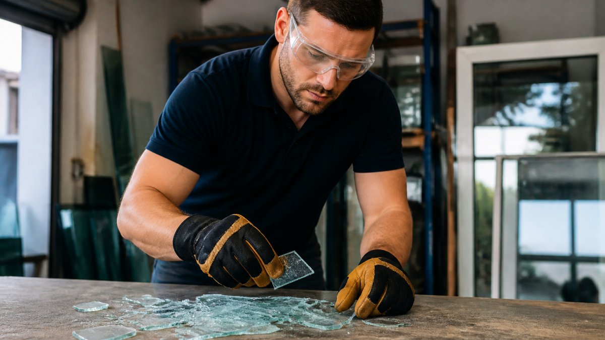 Professional glazier wearing safety glasses and heavy-duty protective gloves while carefully handling broken glass shards on a workbench with proper lighting