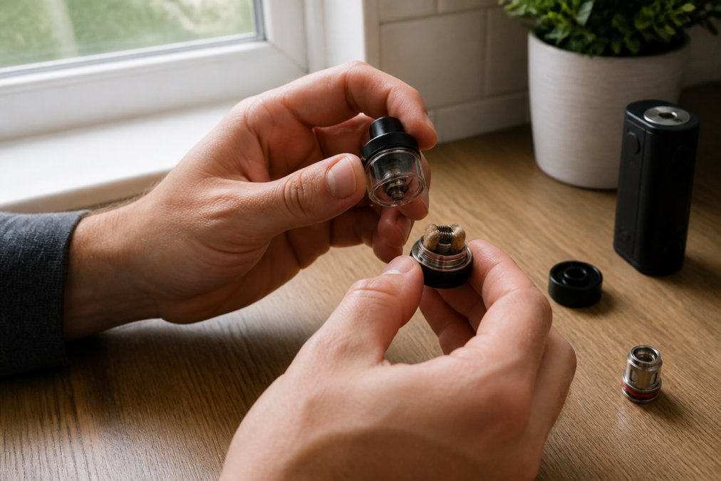 Close-up of hands disassembling a vape tank on a clean kitchen table, revealing the coil and saturated cotton wick under bright natural window light