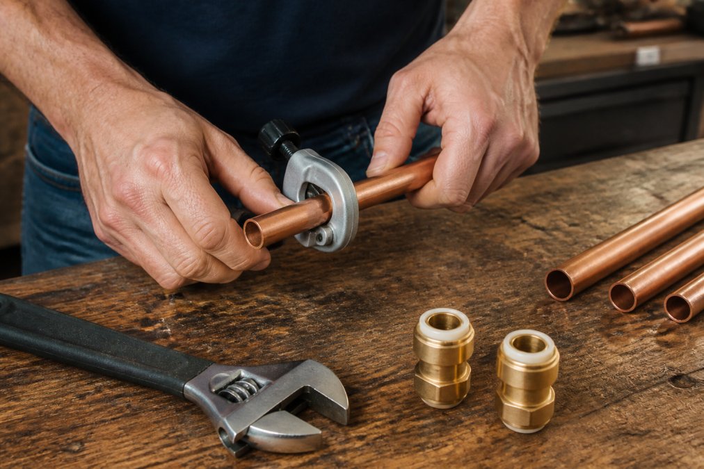 Close-up of a homeowner's hands using a pipe cutter on a copper pipe, with an adjustable wrench and new push-to-connect fittings laid out on a workbench nearby