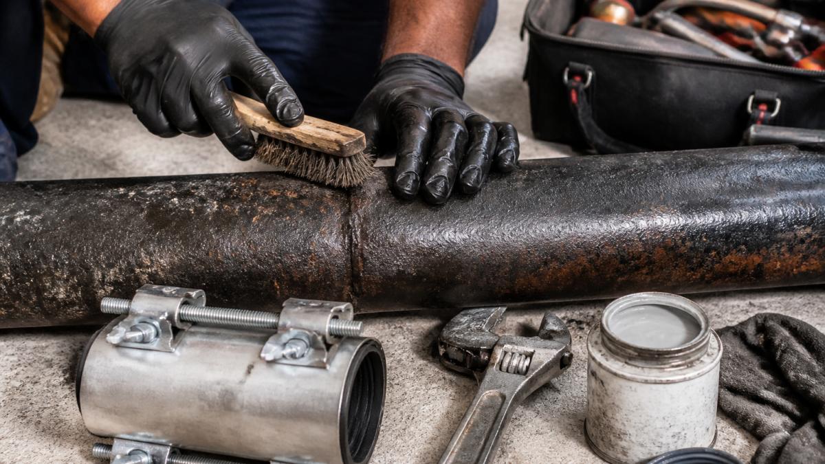 Close-up of a plumber's hands using a wire brush to clean a cast iron pipe surface before applying epoxy, with repair clamp and tools visible nearby