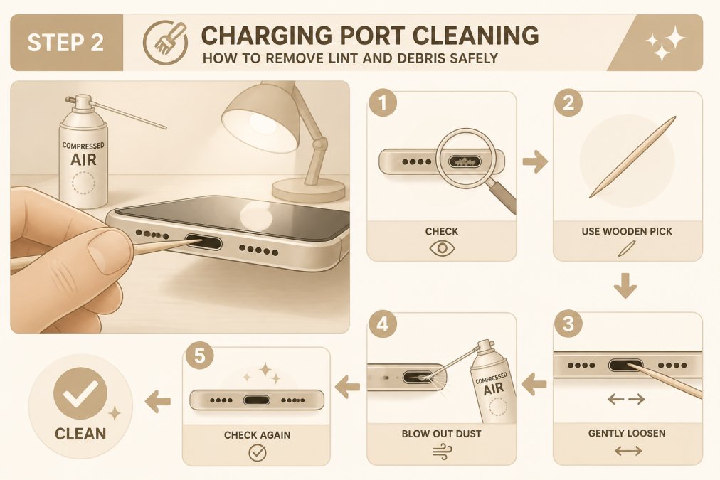 Step-by-step visual guide for how to fix charging port issues