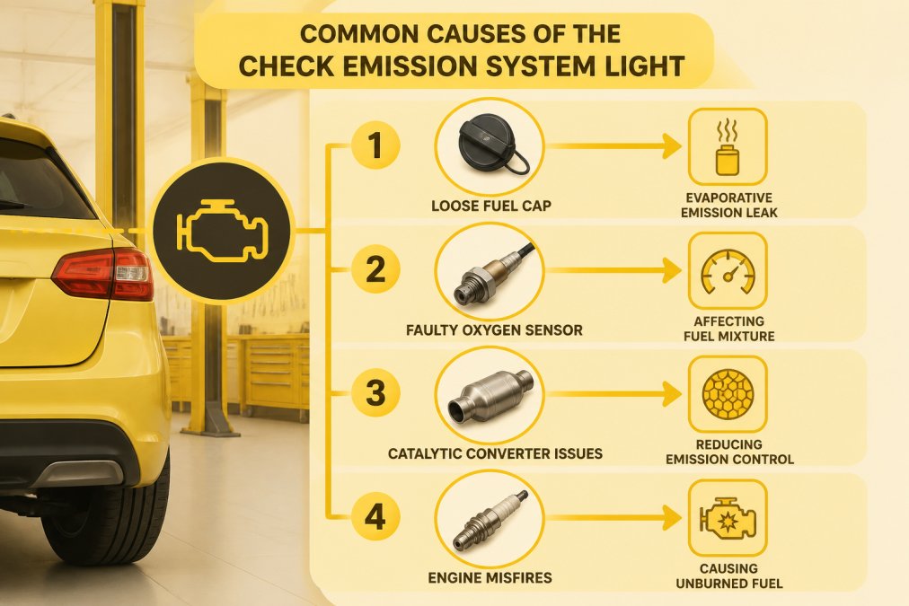 Flowchart showing four main causes of check emission system light: loose fuel cap leading to evaporative emission leak, faulty oxygen sensor affecting fuel mixture, catalytic converter issues reducing emission control, and engine misfires causing unburned fuel