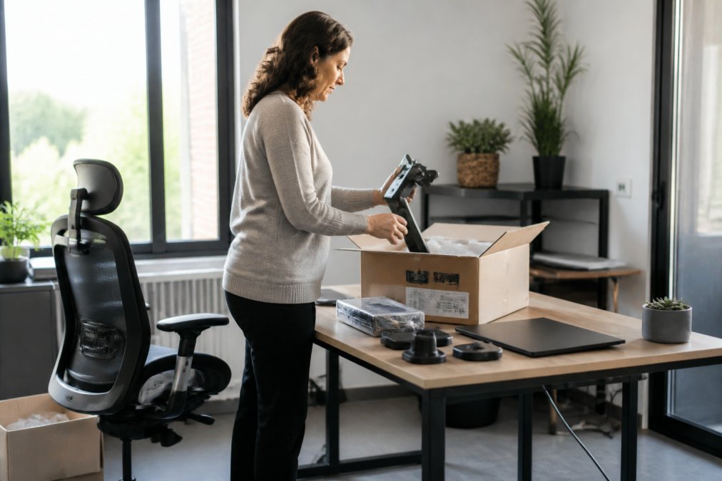 Professional seated at ergonomic desk with monitor at eye level, feet flat on floor, chair supporting lower back, arms at 90 degrees, demonstrating correct posture and positioning in modern office setting with natural lighting