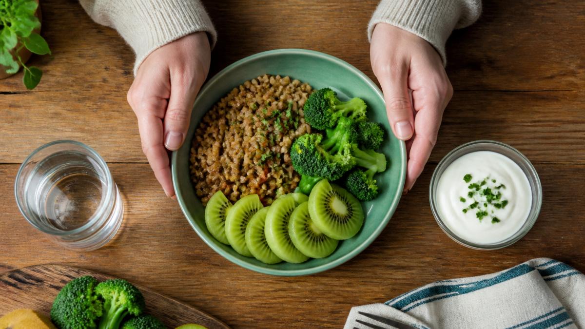 Overhead view of a colorful gut-friendly meal featuring lentils, broccoli, kiwi, and yogurt on a wooden table