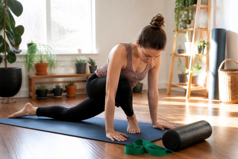 Person performing hip mobility stretches on a yoga mat to relieve chronic hip pain in a sunlit home studio.
