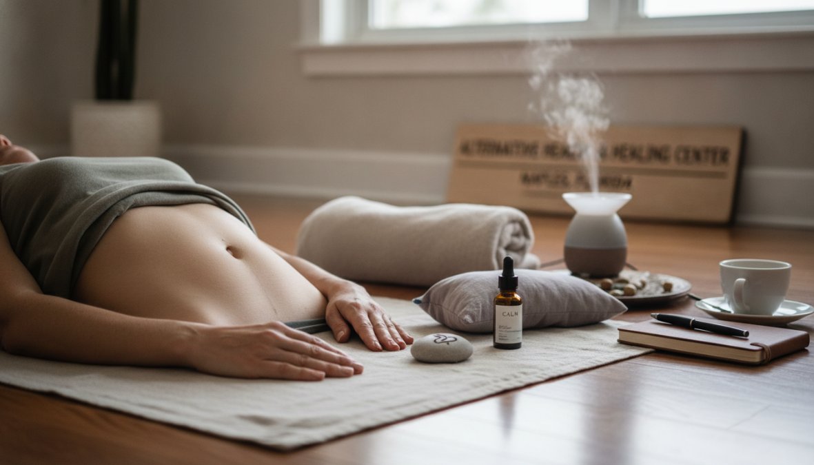 Person sitting in relaxed position with hands on abdomen, demonstrating proper diaphragmatic breathing posture in a calm, well-lit room with soft natural lighting
