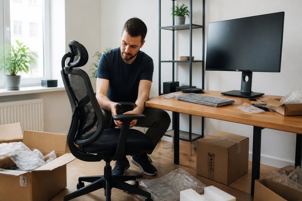 Person using an ergonomic workstation at eye level to prevent neck pain