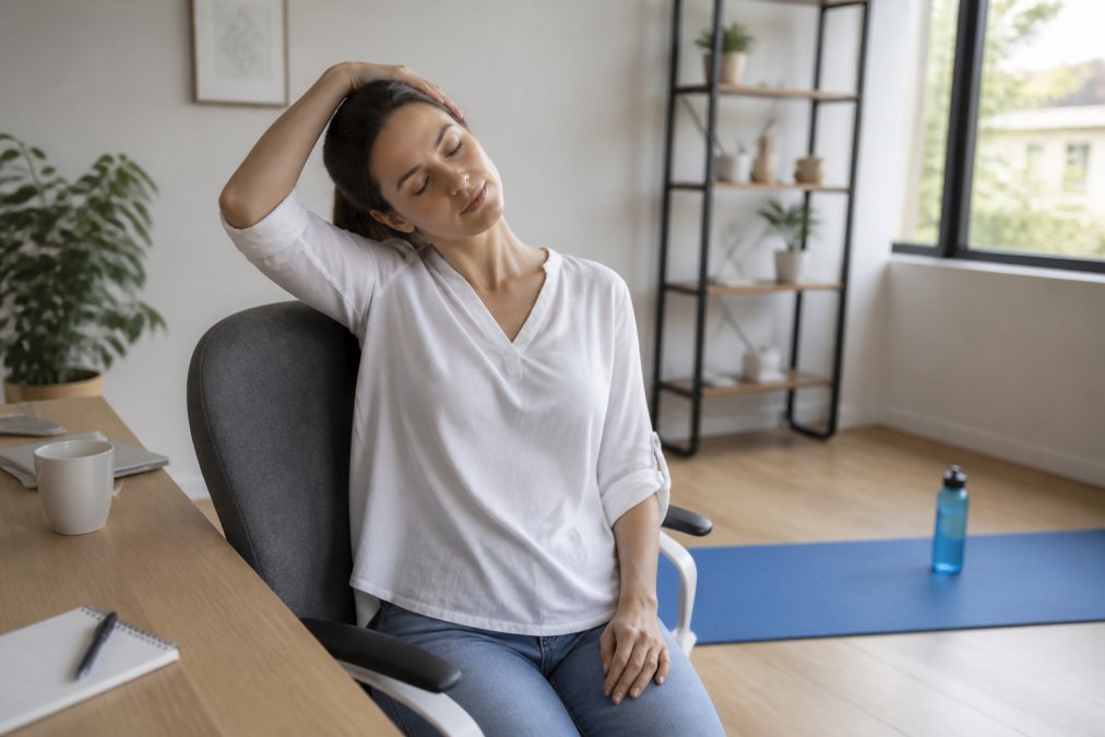 A person performing a gentle neck stretch while seated at a desk in a bright home office, with a yoga mat and water bottle nearby