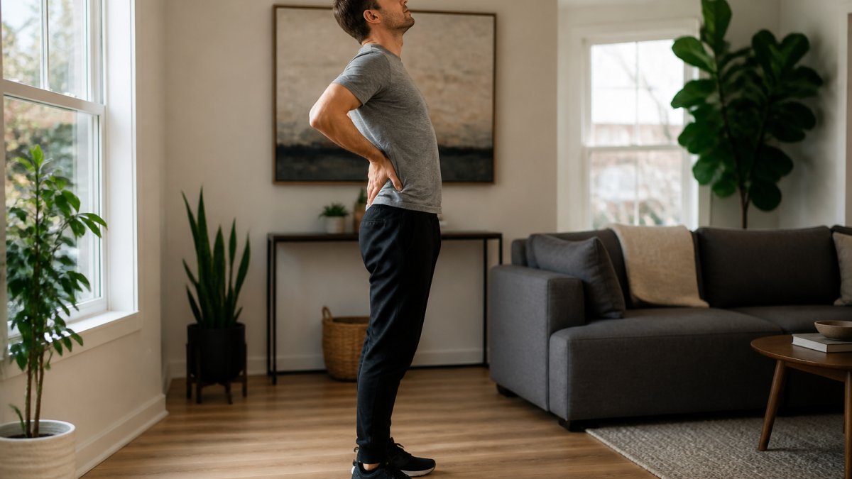 Person performing a standing spinal extension to relieve chronic sciatica pain in a bright home setting
