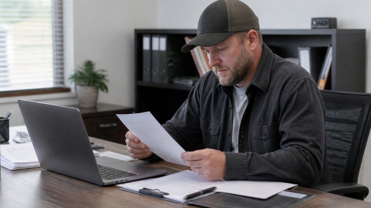Professional driver sitting at desk reviewing printed documents and accessing FMCSA Clearinghouse account on laptop with focused expression in modern office setting