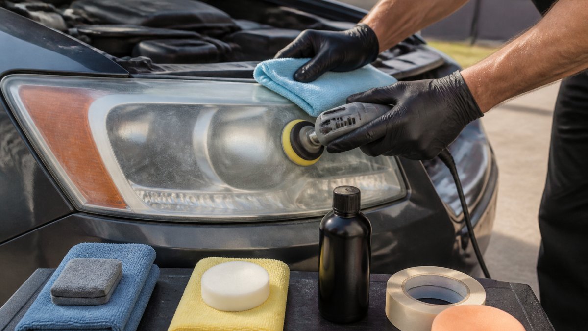 Professional demonstrating how to fix cloudy headlight lenses technique with hands applying polishing compound to a cloudy headlight lens using a microfiber cloth and rotary tool
