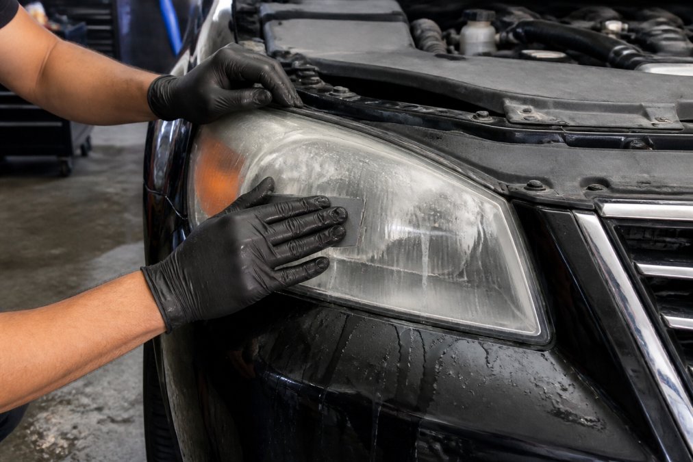 A technician's gloved hands wet sanding a car headlight with fine grit sandpaper, water droplets and slurry visible on the lens surface, bright professional garage lighting