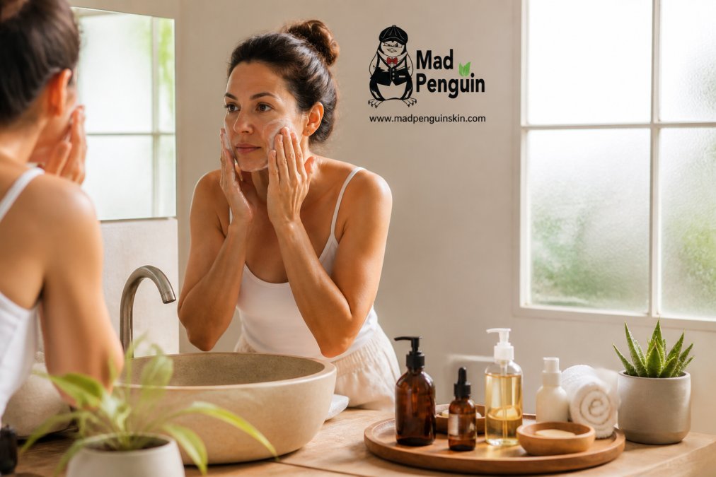 A woman in her thirties standing at a bathroom sink applying a gentle cleanser, natural skincare bottles arranged neatly on a wooden tray beside her, soft morning light through a frosted window