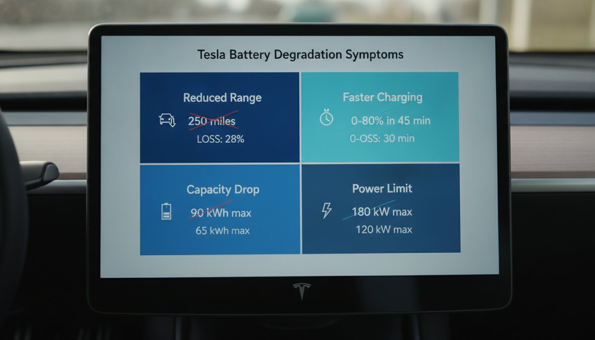 Close-up of a Tesla Model Y dashboard touchscreen displaying estimated battery range, state of charge percentage, and energy consumption graph in a parked car interior with natural daylight