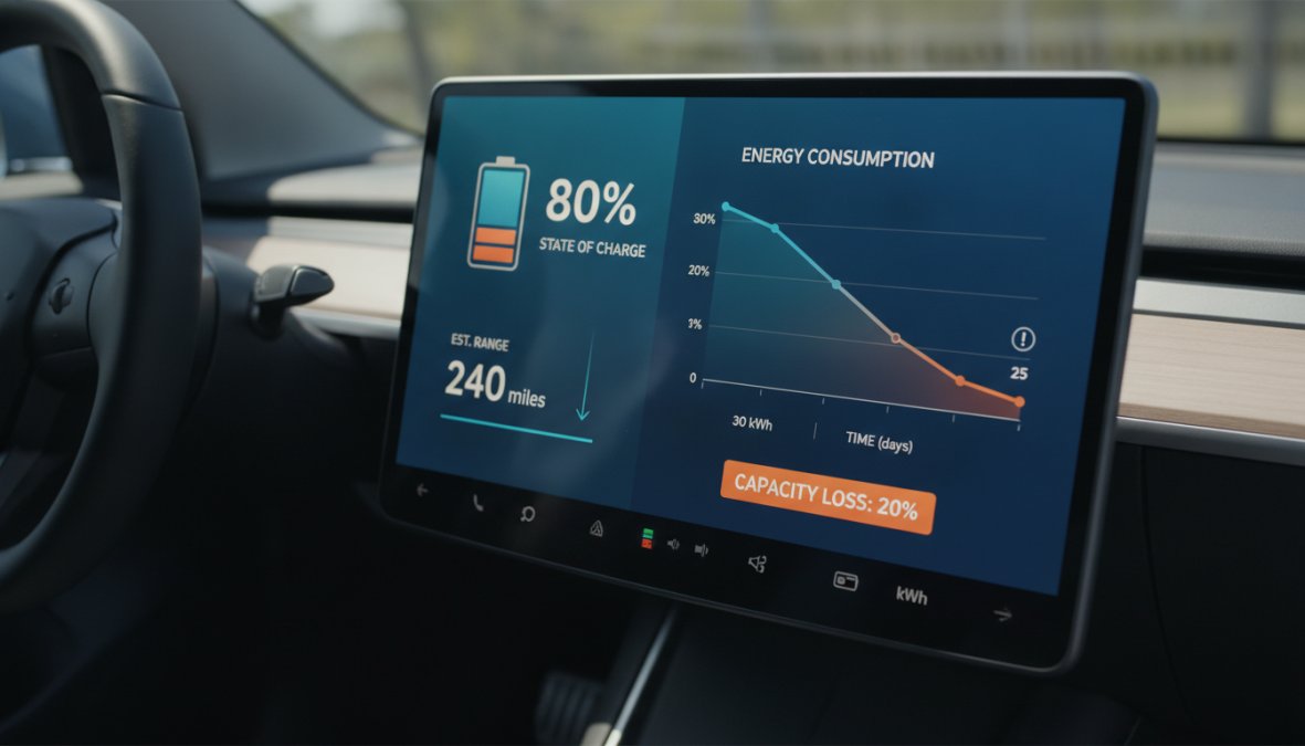 Automotive technician in a professional workshop using a laptop connected to a Tesla vehicle via OBD port, checking high-voltage battery diagnostic data on screen under bright workshop lighting