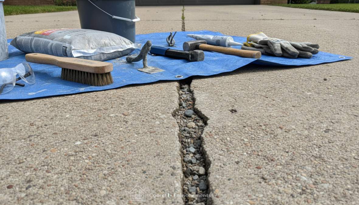Close-up of a technician using a wire brush and pressure washer on a concrete driveway crack, with cleaning debris and water spray visible