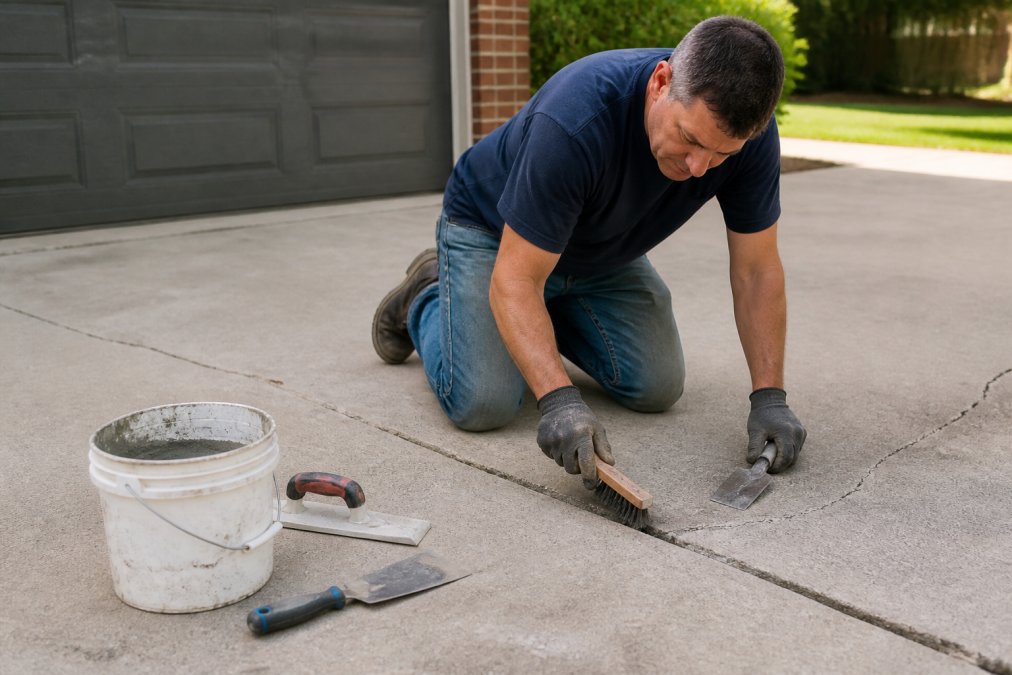 A homeowner kneeling on a concrete driveway using a wire brush and trowel to clean and fill a visible crack, with repair materials and a bucket of patching compound nearby in daylight