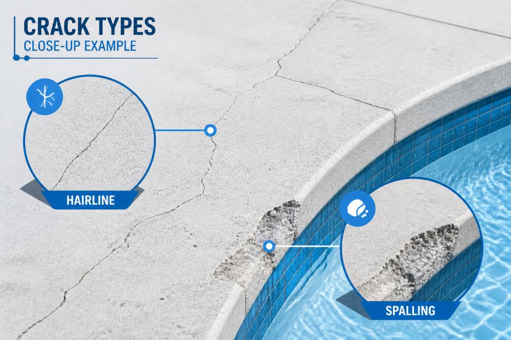 Close-up of a concrete pool deck surface showing visible hairline cracks and minor spalling near the pool edge, in bright outdoor sunlight