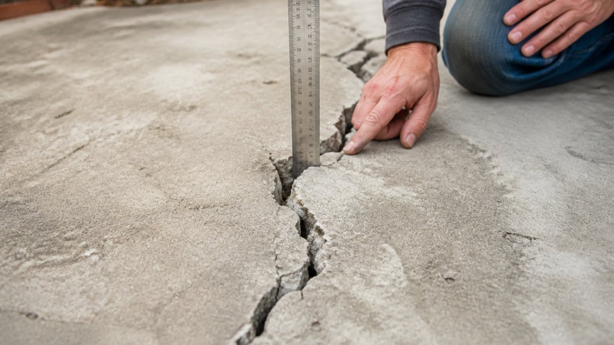 Close-up of a concrete slab with visible cracks of varying widths, with a ruler placed next to the crack to show scale and depth measurement