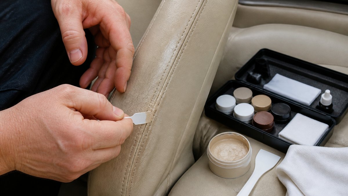 Close-up of a person's hands using a small spatula to press flexible leather filler into a cracked car seat bolster, with a repair kit laid out on the passenger seat beside them