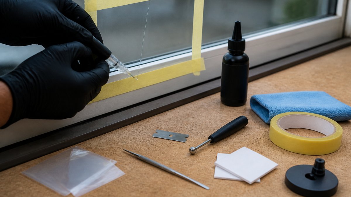 Professional hands wearing protective safety gloves applying clear epoxy resin to a hairline crack in window glass using a small applicator syringe, with masking tape securing the area