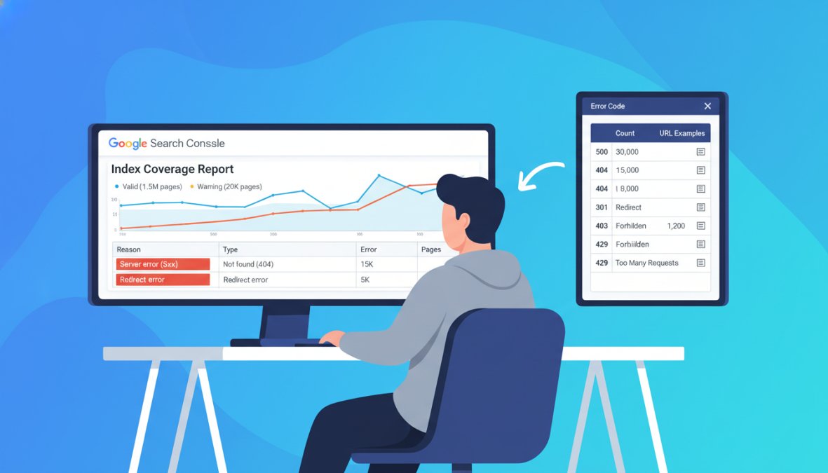 A developer sitting at a desk with two monitors, one showing a browser with Google Search Console open displaying the Index Coverage report, the other displaying a spreadsheet of error codes, in a clean modern home office with warm natural light coming through a window