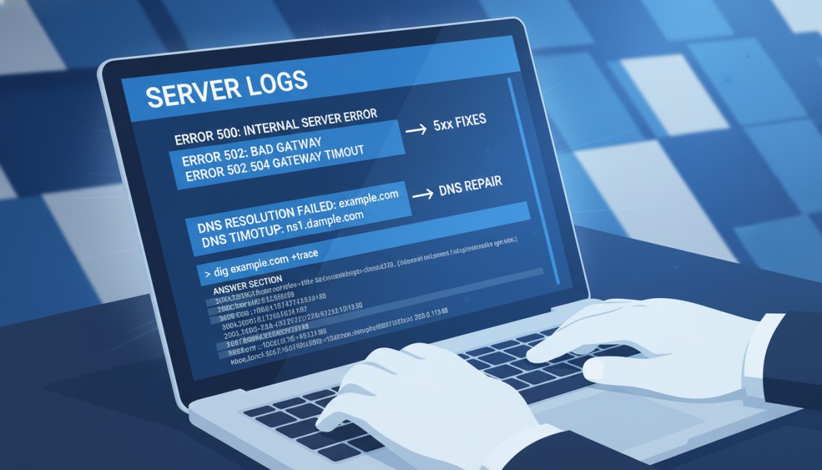 Close-up of hands typing on a laptop keyboard with a terminal window visible on screen showing server log output with timestamped error entries, dark background with focused desk lighting illuminating the keyboard