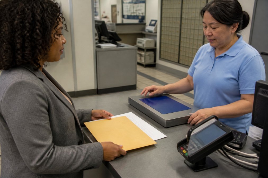 Professional at post office counter mailing certified letter with return receipt requested, holding envelope and documentation