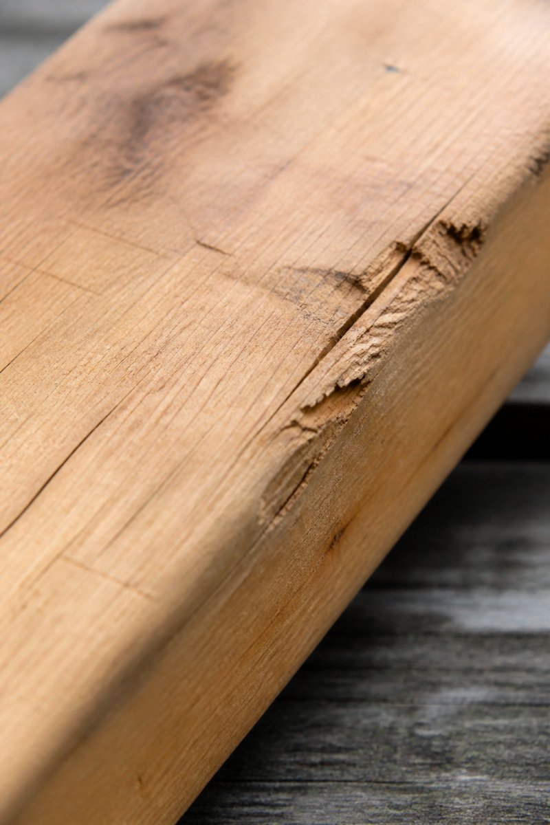 Close-up of cricket bat willow surface showing surface cracks, edge damage, and structural splits with natural lighting