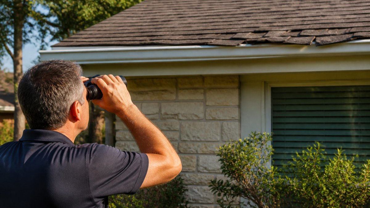Homeowner using binoculars from ground level to inspect curled shingles on roof edge, with clear view of thermal expansion damage on asphalt shingles in afternoon sunlight