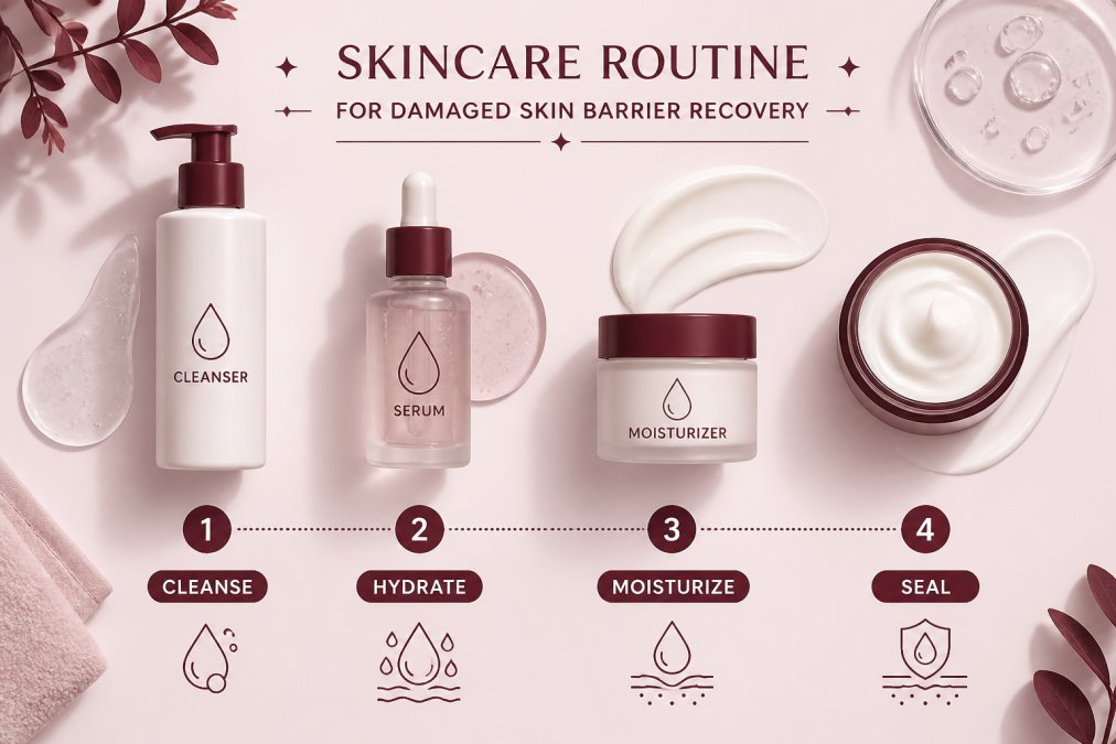 Flatlay von Hautpflegeprodukten, angeordnet auf einer sauberen Oberfläche, die einen sanften Reiniger, ein feuchtigkeitsspendendes Serum, eine Feuchtigkeitscreme und eine okklusive Creme zeigt, mit sanftem natürlichem Licht, das die Produkttexturen enthüllt