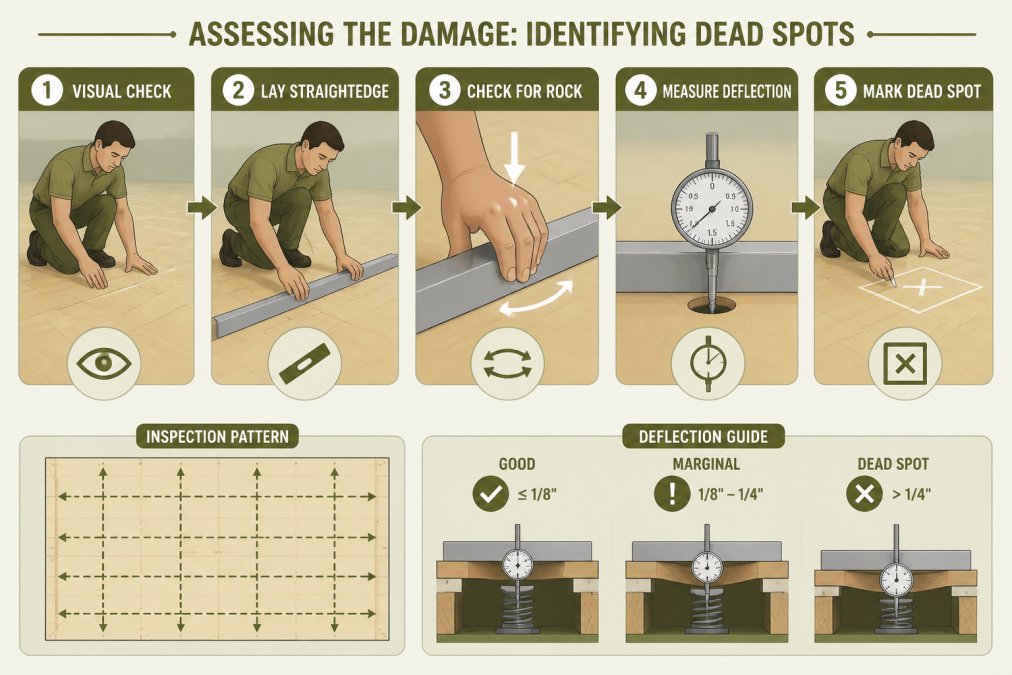 Professional technician demonstrating how to check for dead spots in floors using a straightedge and deflection measurement on a sprung athletic floor, showing the inspection process with natural overhead lighting