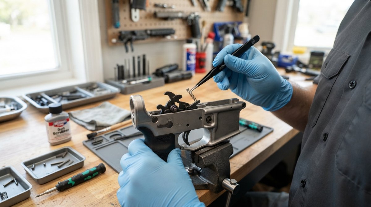 Hands carefully disassembling trigger assembly with precision tools on clean workbench, showing internal springs and contact points under bright lighting