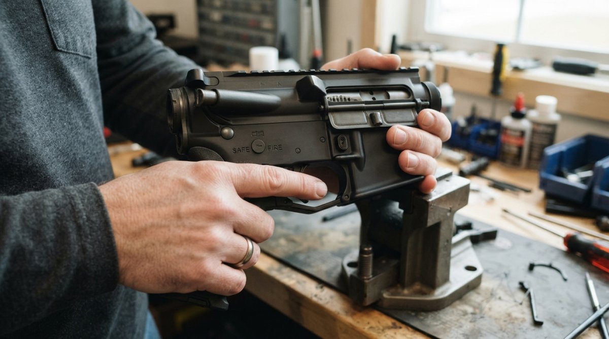 Person holding firearm trigger while demonstrating proper reset mechanics and hand position, showing trigger travel under controlled conditions