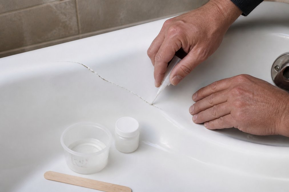 Close-up of hands applying epoxy resin to a deep crack in a white bathtub using a small applicator, with repair kit tools nearby