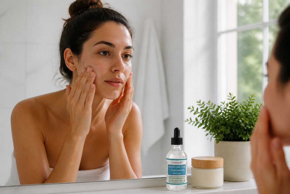 Woman in a bright bathroom with natural morning light streaming through a window, gently applying a hydrating cleanser to her face while looking in the mirror, her skin appearing slightly damp