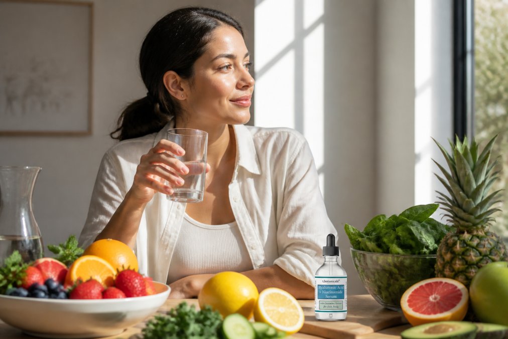 Person at a desk holding a glass of water, surrounded by fresh fruits and vegetables including berries, leafy greens, and citrus, with natural sunlight streaming through a window, emphasizing hydration and nutrient-rich foods