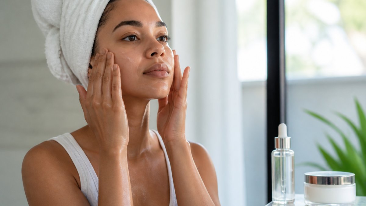 Person's hands applying hydrating serum to damp face using upward strokes, with moisturizer and facial essence bottles on a marble bathroom counter in natural morning light